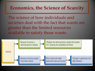 Economics, the Science of Scarcity
The science of how individuals and
societies deal with the fact that wants are
greater than the limited resources
available to satisfy those wants.

 