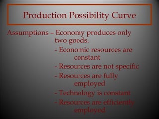 Production Possibility Curve
Assumptions – Economy produces only
two goods.
- Economic resources are
constant
- Resources are not specific
- Resources are fully
employed
- Technology is constant
- Resources are efficiently
employed

 