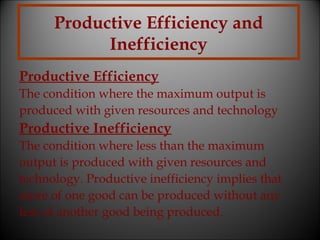 Productive Efficiency and
Inefficiency
Productive Efficiency
The condition where the maximum output is
produced with given resources and technology

Productive Inefficiency
The condition where less than the maximum
output is produced with given resources and
technology. Productive inefficiency implies that
more of one good can be produced without any
less of another good being produced.

 