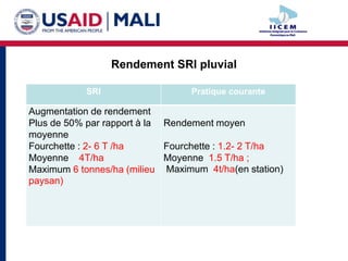 Rendement SRI pluvial

           SRI                   Pratique courante

Augmentation de rendement
Plus de 50% par rapport à la Rendement moyen
moyenne
Fourchette : 2- 6 T /ha      Fourchette : 1.2- 2 T/ha
Moyenne 4T/ha                Moyenne 1.5 T/ha ;
Maximum 6 tonnes/ha (milieu Maximum 4t/ha(en station)
paysan)
 