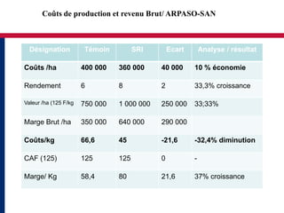 Coûts de production et revenu Brut/ ARPASO-SAN



  Désignation          Témoin          SRI       Ecart       Analyse / résultat

Coûts /ha              400 000   360 000     40 000      10 % économie

Rendement              6         8           2           33,3% croissance

Valeur /ha (125 F/kg   750 000   1 000 000   250 000     33;33%

Marge Brut /ha         350 000   640 000     290 000

Coûts/kg               66,6      45          -21,6       -32,4% diminution

CAF (125)              125       125         0           -

Marge/ Kg              58,4      80          21,6        37% croissance
 