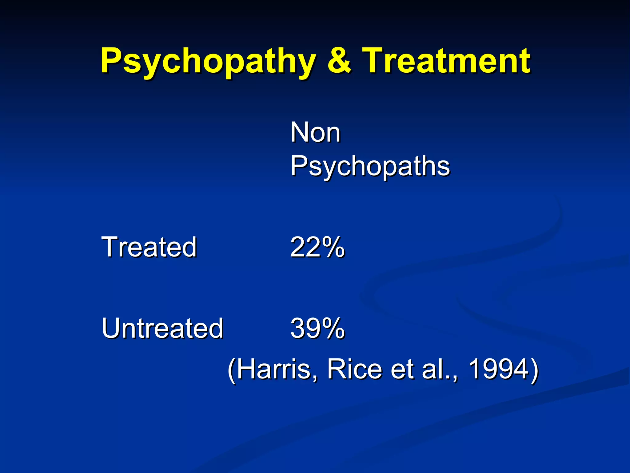 Psychopathy & Treatment Non    Psychopaths Treated 22% Untreated 39% (Harris, Rice et al., 1994) 
