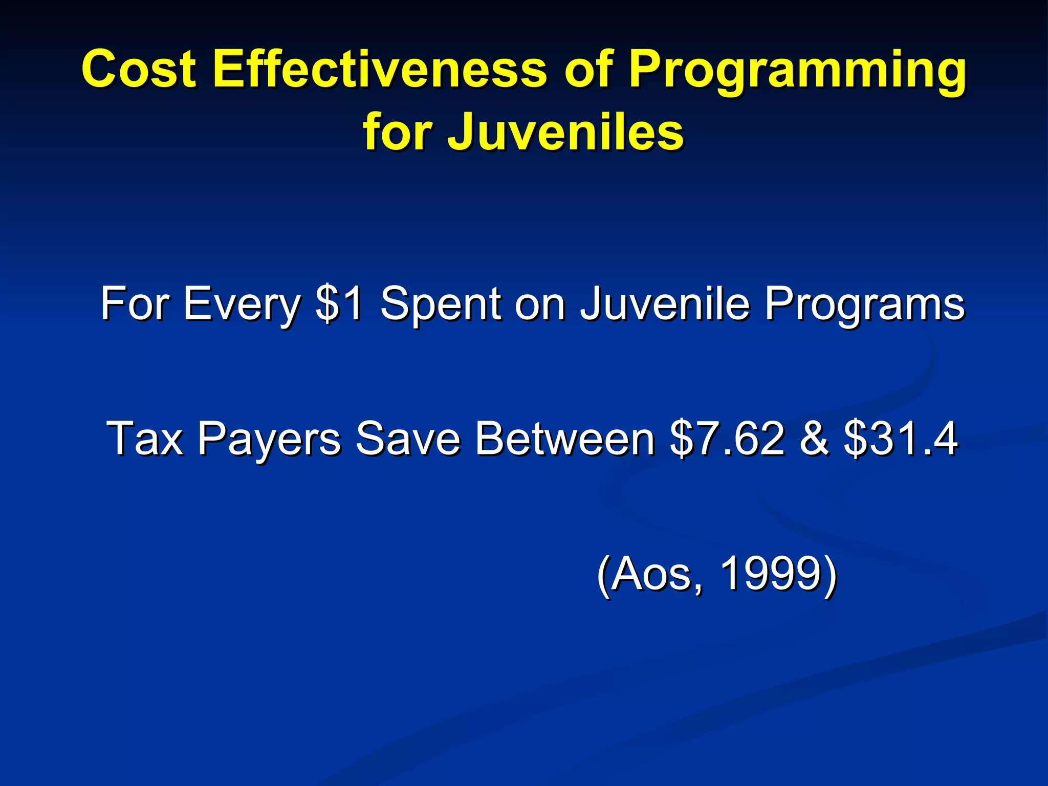 Cost Effectiveness of Programming for Juveniles For Every $1 Spent on Juvenile Programs Tax Payers Save Between $7.62 & $31.4 (Aos, 1999) 