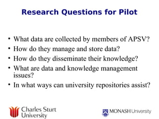 Research Questions for Pilot What data are collected by members of APSV? How do they manage and store data? How do they disseminate their knowledge? What are data and knowledge management issues? In what ways can university repositories assist? 