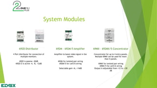 System Modules
692D Distributor
4 Port distributor for connection of
multiple monitors.
692D is passive -20dB
692D/2 is active -4, -8, -12dB
692M – 692M/5 Amplifier
Amplifier to boost video signal in the
system.
692M for twisted pair wiring
692M/5 for cat5/6 wiring
Selectable gain +6, +14dB
69MX – 692MX/5 Concentrator
Concentrator for up to 4 entry panels.
Multiple 69MX can be used for more
than 4 panels.
69MX for twisted pair wiring
69MX/5 for cat5/6 wiring
Output is adjustable from +12 to + 20
dB
 