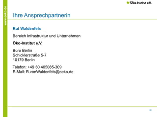 26
www.oeko.de
Ihre Ansprechpartnerin
Rut Waldenfels
Bereich Infrastruktur und Unternehmen
Öko-Institut e.V.
Büro Berlin
Schicklerstraße 5-7
10179 Berlin
Telefon: +49 30 405085-309
E-Mail: R.vonWaldenfels@oeko.de
 