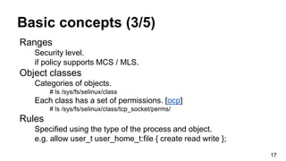 Basic concepts (3/5)
17
Ranges
Security level.
if policy supports MCS / MLS.
Object classes
Categories of objects.
# ls /sys/fs/selinux/class
Each class has a set of permissions. [ocp]
# ls /sys/fs/selinux/class/tcp_socket/perms/
Rules
Specified using the type of the process and object.
e.g. allow user_t user_home_t:file { create read write };
 