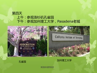 第四天
上午：参观洛杉矶孔雀园
下午：参观加州理工大学，Pasadena老城
孔雀园
加州理工大学
美国新视野旅游
 