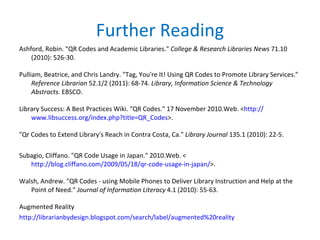 Further Reading Ashford, Robin. "QR Codes and Academic Libraries."  College & Research Libraries News  71.10 (2010): 526-30.  Pulliam, Beatrice, and Chris Landry. "Tag, You're It! Using QR Codes to Promote Library Services."  Reference Librarian  52.1/2 (2011): 68-74.  Library, Information Science & Technology Abstracts . EBSCO.  Library Success: A Best Practices Wiki. "QR Codes." 17 November 2010.Web. < http:// www.libsuccess.org/index.php?title = QR_Codes >.  "Qr Codes to Extend Library's Reach in Contra Costa, Ca."  Library Journal  135.1 (2010): 22-5. Subagio, Cliffano. "QR Code Usage in Japan." 2010.Web. < http://blog.cliffano.com/2009/05/18/qr-code-usage-in-japan/ >.  Walsh, Andrew. "QR Codes - using Mobile Phones to Deliver Library Instruction and Help at the Point of Need."  Journal of Information Literacy  4.1 (2010): 55-63.  Augmented Reality http://librarianbydesign.blogspot.com/search/label/augmented%20reality 