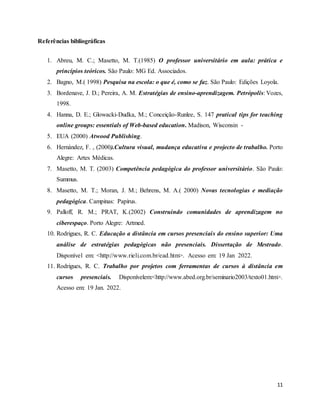 11
Referências bibliográficas
1. Abreu, M. C.; Masetto, M. T.(1985) O professor universitário em aula: prática e
princípios teóricos. São Paulo: MG Ed. Associados.
2. Bagno, M.( 1998) Pesquisa na escola: o que é, como se faz. São Paulo: Edições Loyola.
3. Bordenave, J. D.; Pereira, A. M. Estratégias de ensino-aprendizagem. Petrópolis: Vozes,
1998.
4. Hanna, D. E.; Glowacki-Dudka, M.; Conceição-Runlee, S. 147 pratical tips for teaching
online groups: essentials of Web-based education. Madison, Wisconsin -
5. EUA (2000) Atwood Publishing.
6. Hernández, F. , (2000).Cultura visual, mudança educativa e projecto de trabalho. Porto
Alegre: Artes Médicas.
7. Masetto, M. T. (2003) Competência pedagógica do professor universitário. São Paulo:
Summus.
8. Masetto, M. T.; Moran, J. M.; Behrens, M. A.( 2000) Novas tecnologias e mediação
pedagógica. Campinas: Papirus.
9. Palloff, R. M.; PRAT, K.(2002) Construindo comunidades de aprendizagem no
ciberespaço. Porto Alegre: Artmed.
10. Rodrigues, R. C. Educação a distância em cursos presenciais do ensino superior: Uma
análise de estratégias pedagógicas não presenciais. Dissertação de Mestrado.
Disponível em: <http://www.rieli.com.br/ead.htm>. Acesso em: 19 Jan 2022.
11. Rodrigues, R. C. Trabalho por projetos com ferramentas de cursos à distância em
cursos presenciais. Disponívelem:<http://www.abed.org.br/seminario2003/texto01.htm>.
Acesso em: 19 Jan. 2022.
 