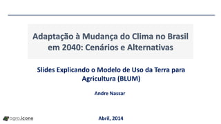 Adaptação à Mudança do Clima no Brasil
em 2040: Cenários e Alternativas
Abril, 2014
Slides Explicando o Modelo de Uso da Terra para
Agricultura (BLUM)
Andre Nassar
 