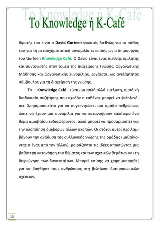 13
Ιδρυτισ του είναι ο David Gurteen γνωςτόσ διεκνϊσ για το πάκοσ
του για τθ μεταςχθματιςτικι ςυνομιλία κι επίςθσ ωσ ο δθμιουργόσ
του Gurteen Knowledge Café. Ο David είναι ζνασ διεκνισ ομιλθτισ
και ςυντονιςτισ ςτον τομζα τθσ Διαχείριςθσ Γνϊςθσ, Οργανωτικισ
Μάκθςθσ και Οργανωτικισ ΢υνομιλίασ, εργάηεται ωσ ανεξάρτθτοσ
ςφμβουλοσ για τθ διαχείριςθ τθσ γνϊςθσ.
Σο Knowledge Café είναι μια απλι αλλά ευζλικτθ, ομαδικι
διαδικαςία ςυηιτθςθσ που ςχεδόν ο κακζνασ μπορεί να φιλοξενι-
ςει. Χρθςιμοποιείται για να ςυγκεντρϊςει μια ομάδα ανκρϊπων,
ϊςτε να ζχουν μια ςυνομιλία για να κατανοιςουν καλφτερα ζνα
κζμα αμοιβαίου ενδιαφζροντοσ, αλλά μπορεί να προςαρμοςτεί για
τθν υλοποίθςθ διάφορων άλλων ςκοπϊν. Οι ςτόχοι αυτοί περιλαμ-
βάνουν τθν ανάδυςθ τθσ ςυλλογικισ γνϊςθσ τθσ ομάδασ (μακαίνο-
ντασ ο ζνασ από τον άλλον), μοιράηονται τισ ιδζεσ αποκτϊντασ μια
βακφτερθ κατανόθςθ του κζματοσ και των ςχετικϊν κεμάτων και τθ
διερεφνθςθ των δυνατοτιτων. Μπορεί επίςθσ να χρθςιμοποιθκεί
για να βοθκιςει τουσ ανκρϊπουσ ςτθ βελτίωςθ διαπροςωπικϊν
ςχζςεων.
 