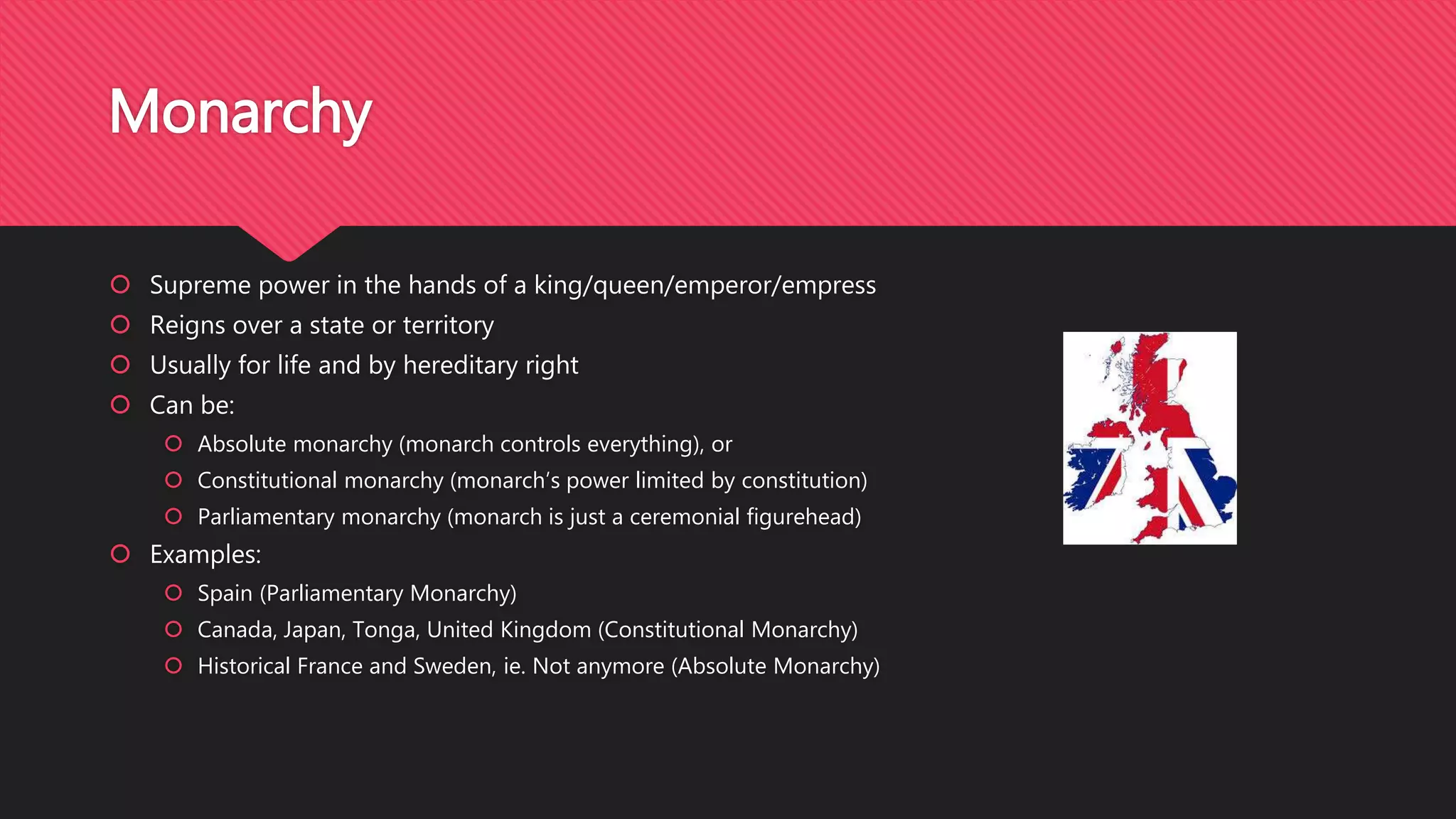  Supreme power in the hands of a king/queen/emperor/empress
 Reigns over a state or territory
 Usually for life and by hereditary right
 Can be:
 Absolute monarchy (monarch controls everything), or
 Constitutional monarchy (monarch’s power limited by constitution)
 Parliamentary monarchy (monarch is just a ceremonial figurehead)
 Examples:
 Spain (Parliamentary Monarchy)
 Canada, Japan, Tonga, United Kingdom (Constitutional Monarchy)
 Historical France and Sweden, ie. Not anymore (Absolute Monarchy)
Monarchy
 