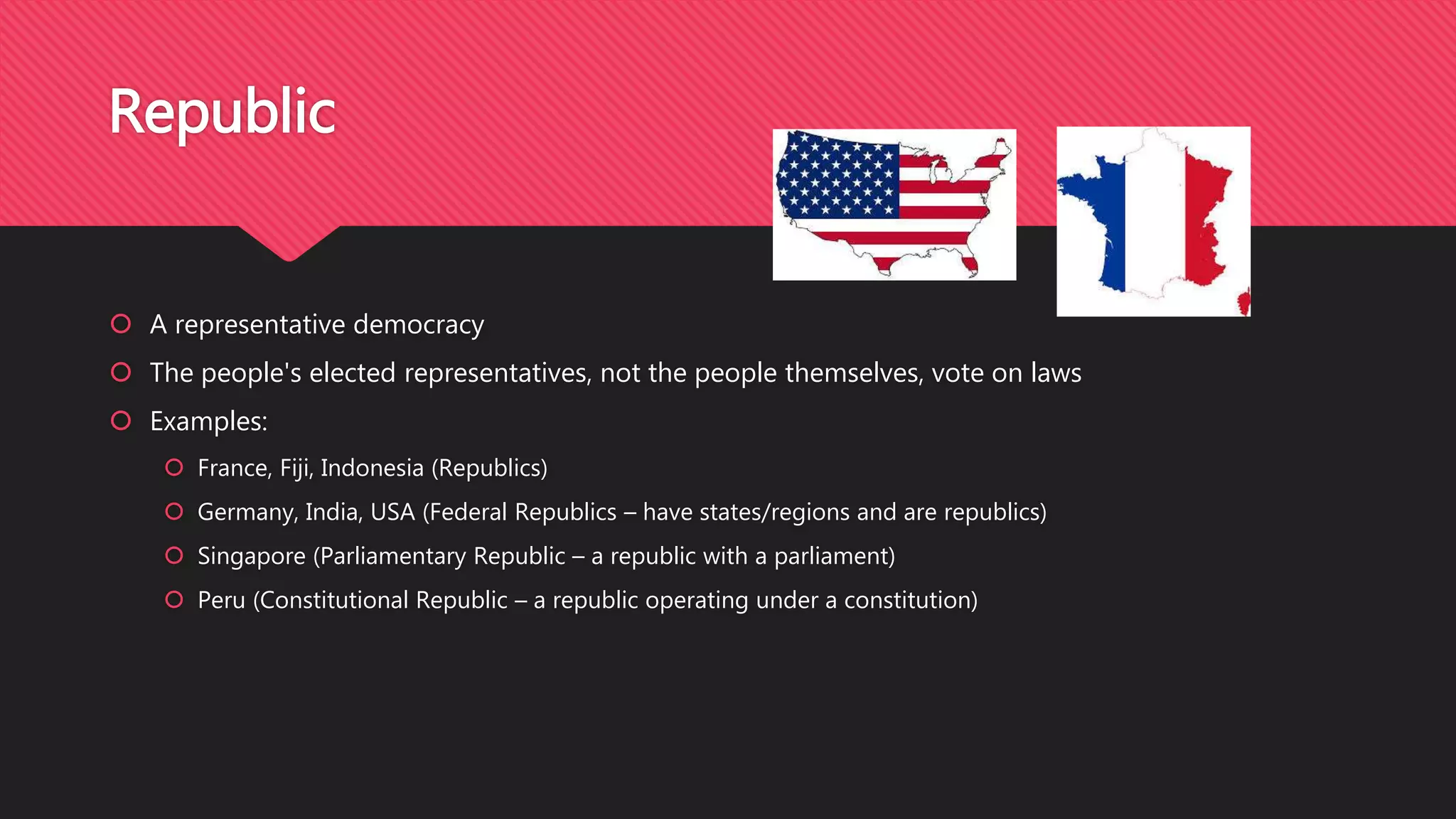  A representative democracy
 The people's elected representatives, not the people themselves, vote on laws
 Examples:
 France, Fiji, Indonesia (Republics)
 Germany, India, USA (Federal Republics – have states/regions and are republics)
 Singapore (Parliamentary Republic – a republic with a parliament)
 Peru (Constitutional Republic – a republic operating under a constitution)
Republic
 