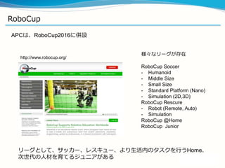 RoboCup
APCは、RoboCup2016に併設
様々なリーグが存在
RoboCup Soccer
- Humanoid
- Middle Size
- Small Size
- Standard Platform (Nano)
- Simulation (2D,3D)
RoboCup Rescure
- Robot (Remote, Auto)
- Simulation
RoboCup @Home
RoboCup Junior
http://www.robocup.org/
リーグとして、サッカー、レスキュー、より生活内のタスクを行うHome、
次世代の人材を育てるジュニアがある
 