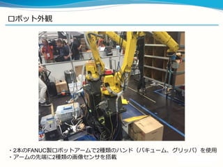 ロボット外観
・2本のFANUC製ロボットアームで2種類のハンド（バキューム、グリッパ）を使用
・アームの先端に2種類の画像センサを搭載
 