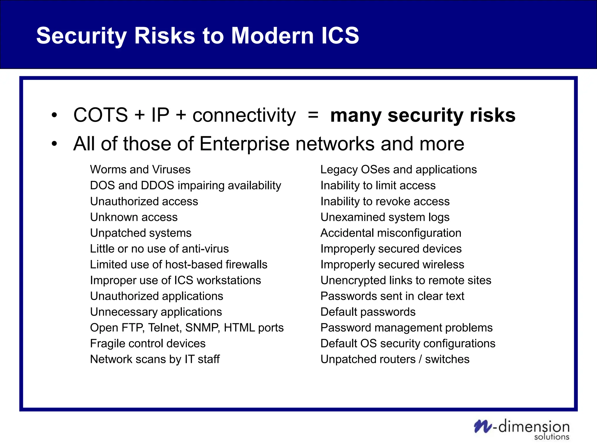 Security Risks to Modern ICS
• COTS + IP + connectivity = many security risks
• All of those of Enterprise networks and more
Worms and Viruses Legacy OSes and applications
DOS and DDOS impairing availability Inability to limit access
Unauthorized access Inability to revoke access
Unknown access Unexamined system logs
Unpatched systems Accidental misconfiguration
Little or no use of anti-virus Improperly secured devices
Limited use of host-based firewalls Improperly secured wireless
Improper use of ICS workstations Unencrypted links to remote sites
Unauthorized applications Passwords sent in clear text
Unnecessary applications Default passwords
Open FTP, Telnet, SNMP, HTML ports Password management problems
Fragile control devices Default OS security configurations
Network scans by IT staff Unpatched routers / switches
 