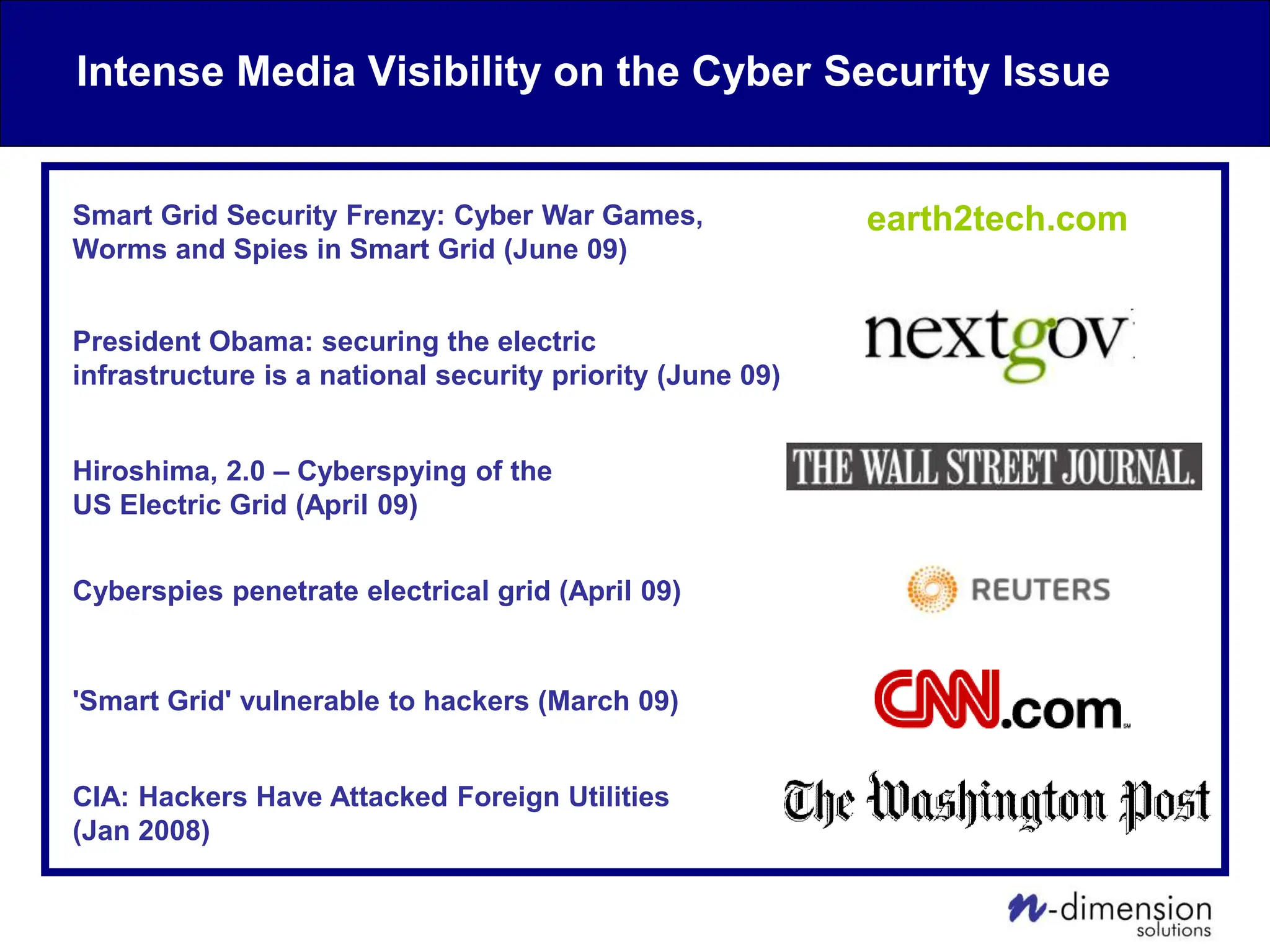 Hiroshima, 2.0 – Cyberspying of the
US Electric Grid (April 09)
Cyberspies penetrate electrical grid (April 09)
'Smart Grid' vulnerable to hackers (March 09)
CIA: Hackers Have Attacked Foreign Utilities
(Jan 2008)
President Obama: securing the electric
infrastructure is a national security priority (June 09)
Smart Grid Security Frenzy: Cyber War Games,
Worms and Spies in Smart Grid (June 09)
earth2tech.com
Intense Media Visibility on the Cyber Security Issue
 