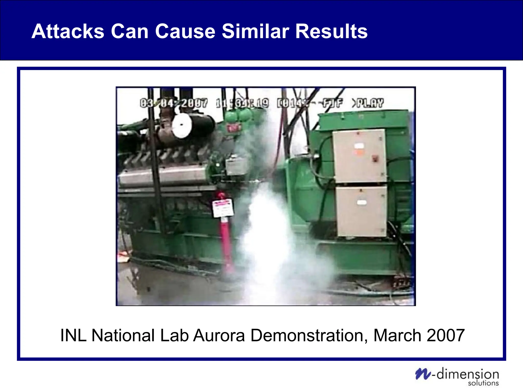 Attacks Can Cause Similar Results
INL National Lab Aurora Demonstration, March 2007
 