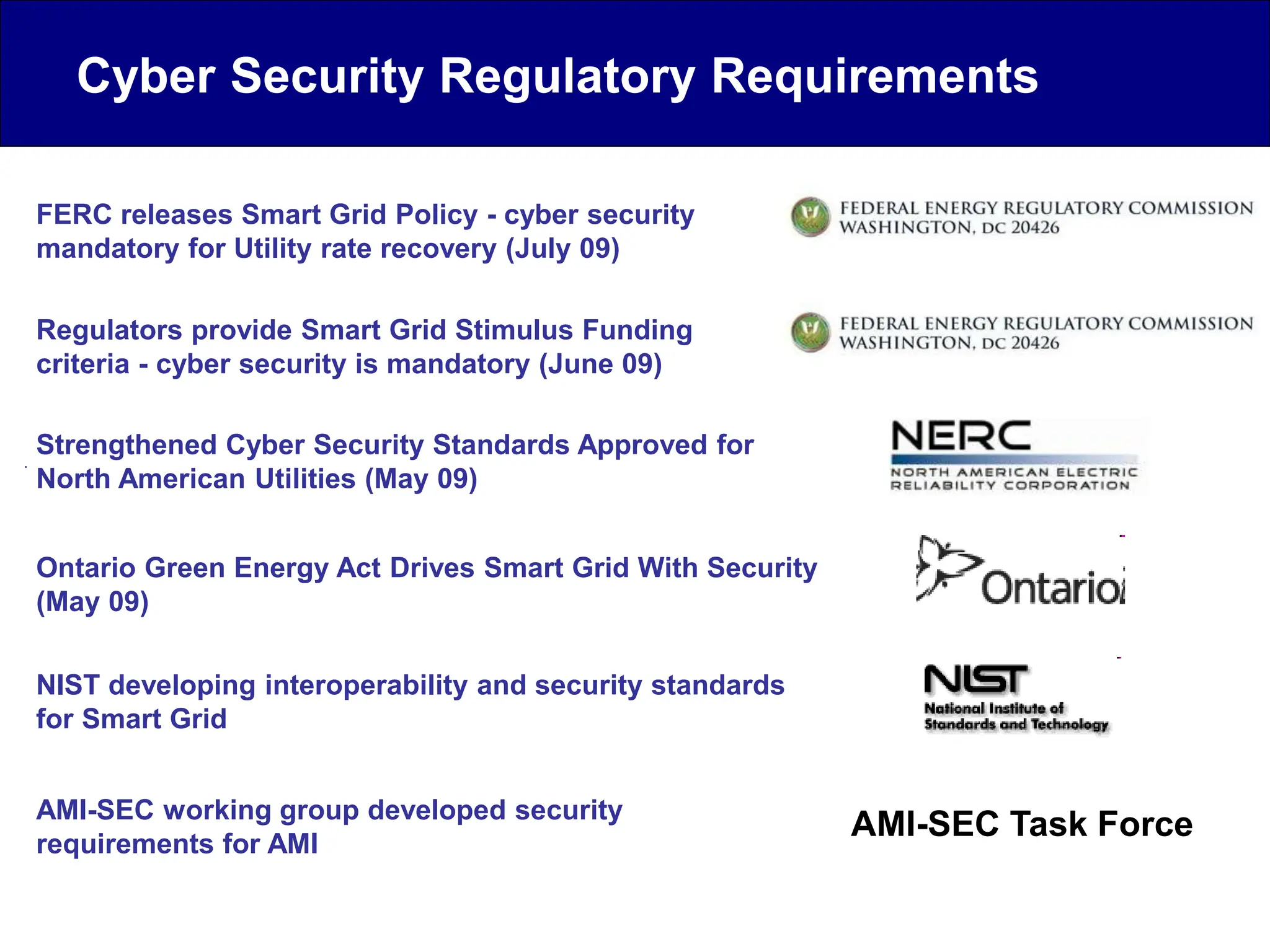Regulators provide Smart Grid Stimulus Funding
criteria - cyber security is mandatory (June 09)
FERC releases Smart Grid Policy - cyber security
mandatory for Utility rate recovery (July 09)
Strengthened Cyber Security Standards Approved for
North American Utilities (May 09)
AMI-SEC working group developed security
requirements for AMI
AMI-SEC Task Force
NIST developing interoperability and security standards
for Smart Grid
Ontario Green Energy Act Drives Smart Grid With Security
(May 09)
Cyber Security Regulatory Requirements
 