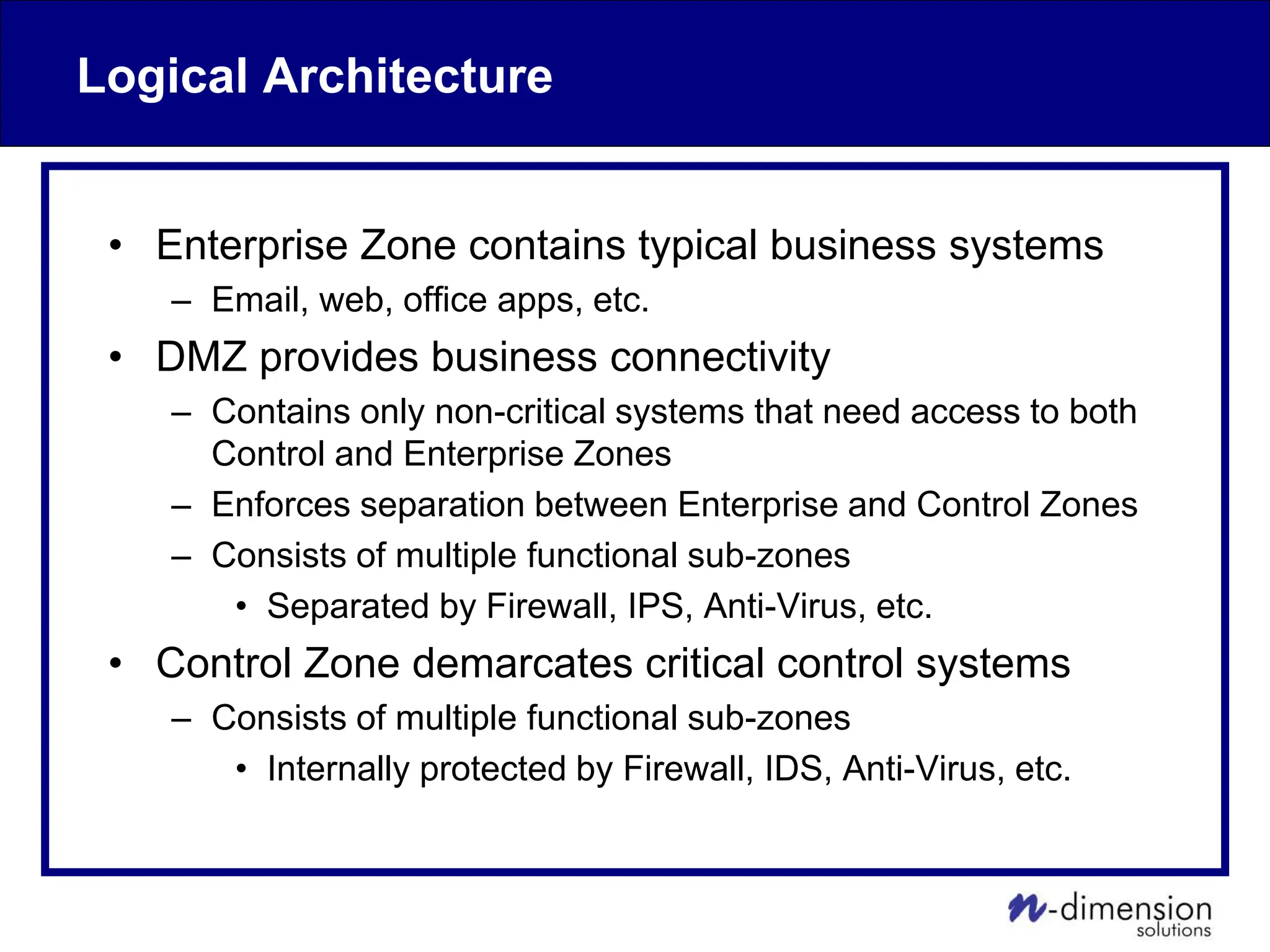 Logical Architecture
• Enterprise Zone contains typical business systems
– Email, web, office apps, etc.
• DMZ provides business connectivity
– Contains only non-critical systems that need access to both
Control and Enterprise Zones
– Enforces separation between Enterprise and Control Zones
– Consists of multiple functional sub-zones
• Separated by Firewall, IPS, Anti-Virus, etc.
• Control Zone demarcates critical control systems
– Consists of multiple functional sub-zones
• Internally protected by Firewall, IDS, Anti-Virus, etc.
 