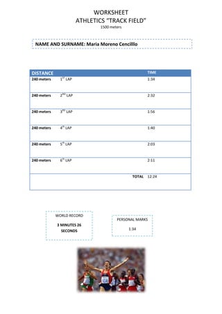 WORKSHEET
ATHLETICS TRACK FIELD
1500 meters

NAME AND SURNAME: Maria Moreno Cencilllo

TIME

DISTANCE
ST

240 meters

1 LAP

1:34

240 meters

2ND LAP

2:32

240 meters

3RD LAP

1:56

240 meters

4th LAP

1:40

240 meters

5th LAP

2:03

240 meters

6th LAP

2:11

TOTAL 12:24

WORLD RECORD
3 MINUTES 26
SECONDS

PERSONAL MARKS
1:34

 