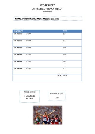 WORKSHEET
ATHLETICS “TRACK FIELD”
1500 meters

NAME AND SURNAME: Maria Moreno Cencilllo

TIME

DISTANCE
ST

240 meters

1 LAP

1:34

240 meters

2ND LAP

2:32

240 meters

3RD LAP

1:56

240 meters

4th LAP

1:40

240 meters

5th LAP

2:03

240 meters

6th LAP

2:11

TOTAL 12:24

WORLD RECORD
3 MINUTES 26
SECONDS

PERSONAL MARKS
12:24

 