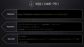 XSS ( CWE-79 )
http://facebook.com?q=<script>alert('xss')</script>Reflected
<script>
document.write("Site is at: " + document.location.href + ".");
</script>]
Dom XSS
$('div').html('welcome to' + username + 'Meeting')
//My username is saved as
userName = "<script>alert('xss')</script>"
Persistent
 