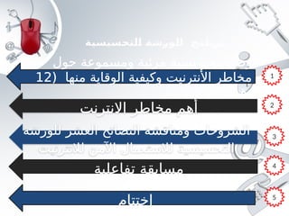 ‫التحسيسية‬ ‫الورشة‬ ‫برنامج‬
‫حول‬ ‫ومسموعة‬ ‫مرئية‬ ‫تحسيسية‬ ‫وصلة‬
( ‫منها‬ ‫الوقاية‬ ‫وكيفية‬ ‫األنترنيت‬ ‫مخاطر‬
12
)‫دقيقة‬
‫ال‬
‫العشر‬ ‫النصائح‬ ‫ومناقشة‬ ‫شروحات‬
‫للورشة‬
‫لالنترنيت‬ ‫اآلمن‬ ‫لالستعمال‬ ‫التحسيسية‬
‫تفاعلية‬ ‫مسابقة‬
‫االنترنت‬ ‫مخاطر‬ ‫أهم‬
‫اختتام‬
1
2
3
4
5
 