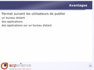Avantages Gestion de la montée en charge du nombre d'utilisateurs: cette solution est la solution « 1 serveur » auquel on ajoute très simplement un  serveur de publication secondaire Gestion des applications nécessitant une version de « Windows Server » différente (version, patchs ou langue) 