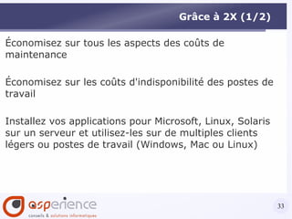 Avantages Permet de fédérer des serveurs Citrix indépendants ou de monter une ferme Citrix à partir de la version de base Citrix et donc d'économiser fortement sur les coûts de licence Scénario intéressant par exemple pour les sociétés ayant démarré une infrastructure Citrix avec un serveur et désirant pérenniser l'infrastructure lors de la montée en charge sans devoir faire une migration de version et sans devoir payer le surcoût de la version permettant de créer une ferme de serveurs avec répartition de charge 
