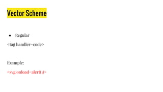 Vector Scheme
● Regular
<tag handler=code>
Example:
<svg onload=alert(1)>
 
