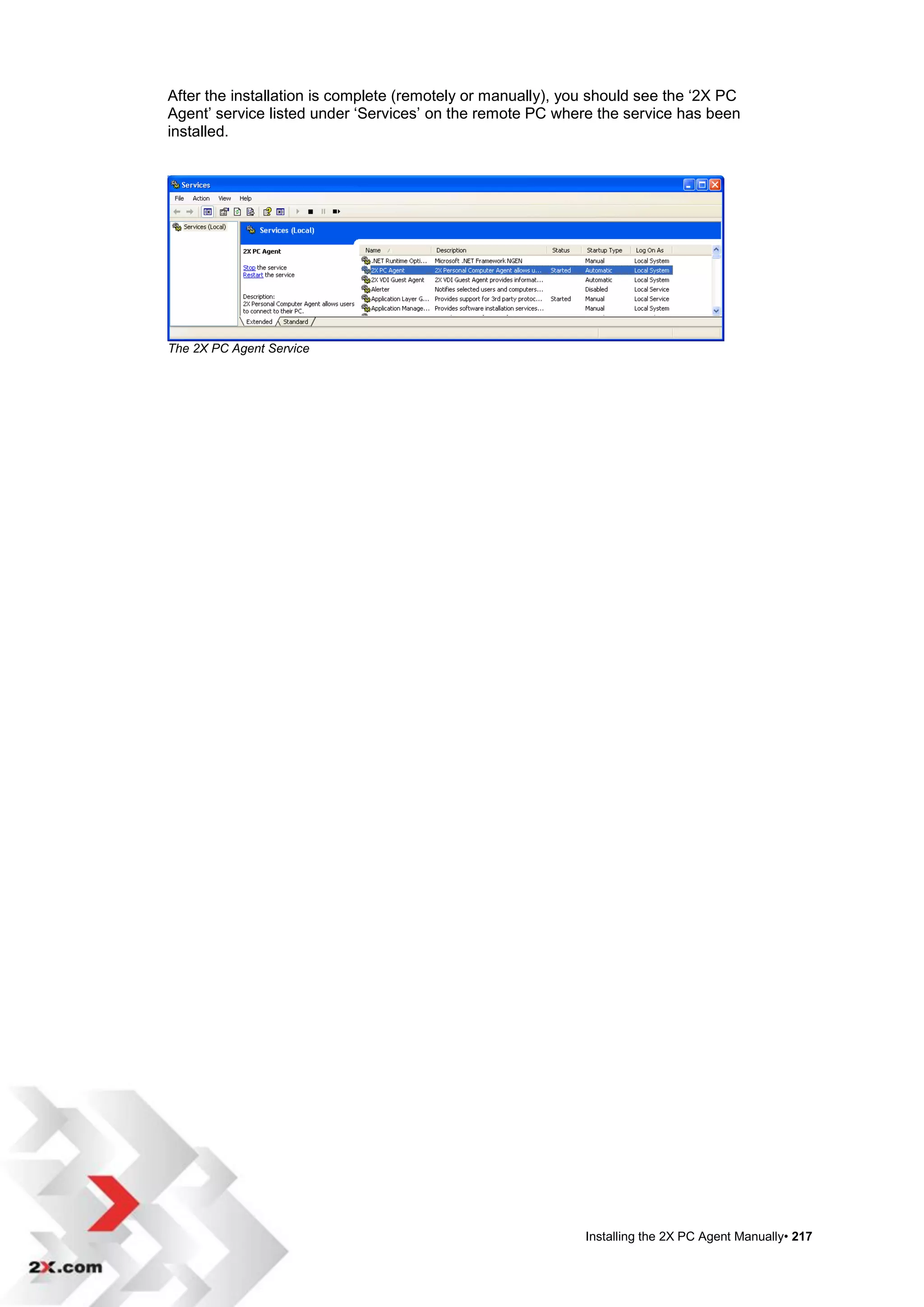After the installation is complete (remotely or manually), you should see the „2X PC
Agent‟ service listed under „Services‟ on the remote PC where the service has been
installed.




The 2X PC Agent Service




                                                             Installing the 2X PC Agent Manually• 217
 