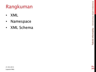 TeknikInformatika-UniversitasIslamIndonesia
Rangkuman
• XML
• Namespace
• XML Schema
21/03/2013
Layanan Web
37
 
