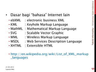 TeknikInformatika-UniversitasIslamIndonesia
• Dasar bagi “bahasa” Internet lain
• ebXML : electronic business XML
• KML : Keyhole Markup Language
• MathML : Mathematical Markup Language
• SVG : Scalable Vector Graphic
• WML : Wireless Markup Language
• WSDL : Web Services Description Language
• XHTML : Extensible HTML
• http://en.wikipedia.org/wiki/List_of_XML_markup
_languages
21/03/2013
Layanan Web
6
 