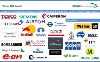 We are 2XM Recruit
AU T O M O T I V E   TECHNOLOGY   B U I I L D I N G SE R V I I C E S
                                   B U L D I N G SE R V C E S          G E NE R AL E NG IC T U R E NG
                                                                           I NFR AST R U NE E R I       C O NST R U C TT I ON
                                                                                                         C O NST R U C I O N    D E FE NC E   R AI L   T U R NK E Y P R O J E C T S




                                                                                                                           Existing Clients




                                                                                                                                                                      14
 