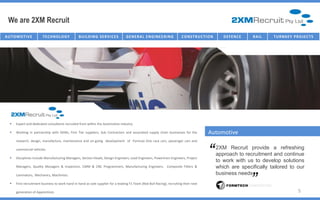 We are 2XM Recruit
AU T O M O T I V E       TECHNOLOGY               B U I I L D I N G SE R V I I C E S
                                                   B U L D I N G SE R V C E S          G E NE R AL E NG IC T U R E NG
                                                                                           I NFR AST R U NE E R I         C O NST R U C TT I ON
                                                                                                                           C O NST R U C I O N       D E FE NC E   R AI L   T U R NK E Y P R O J E C T S




      Expert and dedicated consultants recruited from within the Automotive industry.                                                     Automotive
      Working in partnership with OEMs, First Tier suppliers, Sub Contractors and associated supply chain businesses for the              Automotive
       research, design, manufacture, maintenance and on-going development of Formula One race cars, passenger cars and



   
       commercial vehicles.

       Disciplines include Manufacturing Managers, Section Heads, Design Engineers, Lead Engineers, Powertrain Engineers, Project
                                                                                                                                           “      2XM Recruit provide a refreshing
                                                                                                                                                  approach to recruitment and continue
                                                                                                                                                  to work with us to develop solutions
                                                                                                                                                                   “
       Managers, Quality Managers & Inspectors, CMM & CNC Programmers, Manufacturing Engineers, Composite Fitters &                               which are specifically tailored to our
       Laminators, Mechanics, Machinists.                                                                                                         business needs
      First recruitment business to work hand in hand as sole supplier for a leading F1 Team (Red Bull Racing), recruiting their next

       generation of Apprentices.                                                                                                                                                            5
 