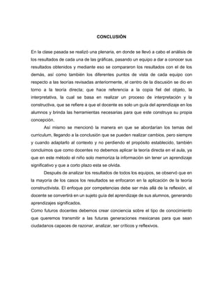 CONCLUSIÓN
En la clase pasada se realizó una plenaria, en donde se llevó a cabo el análisis de
los resultados de cada una de las gráficas, pasando un equipo a dar a conocer sus
resultados obtenidos y mediante eso se compararon los resultados con el de los
demás, así como también los diferentes puntos de vista de cada equipo con
respecto a las teorías revisadas anteriormente, el centro de la discusión se dio en
torno a la teoría directa; que hace referencia a la copia fiel del objeto, la
interpretativa, la cual se basa en realizar un proceso de interpretación y la
constructiva, que se refiere a que el docente es solo un guía del aprendizaje en los
alumnos y brinda las herramientas necesarias para que este construya su propia
concepción.
Así mismo se mencionó la manera en que se abordarían los temas del
curriculum, llegando a la conclusión que se pueden realizar cambios, pero siempre
y cuando adaptarlo al contexto y no perdiendo el propósito establecido, también
concluimos que como docentes no debemos aplicar la teoría directa en el aula, ya
que en este método el niño solo memoriza la información sin tener un aprendizaje
significativo y que a corto plazo esta se olvida.
Después de analizar los resultados de todos los equipos, se observó que en
la mayoría de los casos los resultados se enfocaron en la aplicación de la teoría
constructivista. El enfoque por competencias debe ser más allá de la reflexión, el
docente se convertirá en un sujeto guía del aprendizaje de sus alumnos, generando
aprendizajes significados.
Como futuros docentes debemos crear conciencia sobre el tipo de conocimiento
que queremos transmitir a las futuras generaciones mexicanas para que sean
ciudadanos capaces de razonar, analizar, ser críticos y reflexivos.
 