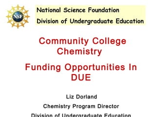 Community College Chemistry  Funding Opportunities In DUE Liz Dorland Chemistry Program Director Division of Undergraduate Education [March 2004 – Two-year College Chemistry Consortium Conference] National Science Foundation Division of Undergraduate Education 