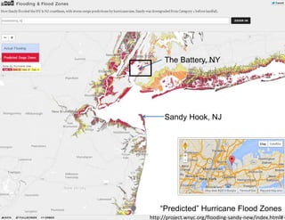 “Predicted” Hurricane Flood Zones 
http://project.wnyc.org/flooding-sandy-new/index.html# 
Sandy Hook, NJ 
The Battery, NY  