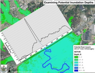 Distance along Transect (m) 
900 800 700 600 500 400 300 200 100 0 
Potential Depth (ft) 
8 
7.5 
7 
6.5 
6 
5.5 
5 
4.5 
4 
3.5 
3 
2.5 
2 
1.5 
1 
0.5 
0 
Examining Potential Inundation Depths 
For general planning purposes only. 
 