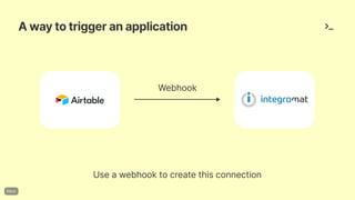 Awaytotriggeranapplication
Webhook
Useawebhooktocreatethisconnection