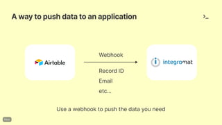 Awaytopushdatatoanapplication
RecordID
Email
Webhook
etc...
Useawebhooktopushthedatayouneed