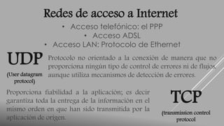 Redes de acceso a Internet 
• Acceso telefónico: el PPP 
• Acceso ADSL 
• Acceso LAN: Protocolo de Ethernet UDP 
(User datagram 
protocol) 
Protocolo no orientado a la conexión de manera que no 
proporciona ningún tipo de control de errores ni de flujos, 
aunque utiliza mecanismos de detección de errores. 
TCP 
(transmission control 
protocol 
Proporciona fiabilidad a la aplicación; es decir 
garantiza toda la entrega de la información en el 
mismo orden en que han sido transmitida por la 
aplicación de origen. 
 