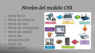 Niveles del modelo OSI 
• Nivel físico 
• Nivel de enlace 
• Nivel de red 
• Nivel de transporte 
• Nivel de sesión 
• Nivel de 
presentación 
• Nivel de 
aplicación 
 