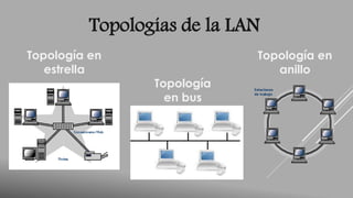 Topologías de la LAN 
Topología en 
estrella 
Topología 
en bus 
Topología en 
anillo 
 