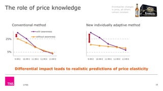 ©TNS
The role of price knowledge
18
9.99 € 10.99 € 11.99 € 12.99 € 13.99 €
with awareness
without awareness
Conventional method
9.99 € 10.99 € 11.99 € 12.99 € 13.99 €
New individually adaptive method
25%
Differential impact leads to realistic predictions of price elasticity
Krombacher changes
in price, all others
remain constant
5%
 