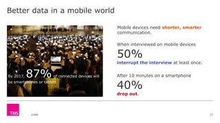 ©TNS
Better data in a mobile world
21
By 2017, 87% of connected devices will
be smartphones or tablets
When interviewed on mobile devices
50%
interrupt the interview at least once.
After 10 minutes on a smartphone
40%
drop out.
Mobile devices need shorter, smarter
communication.
 