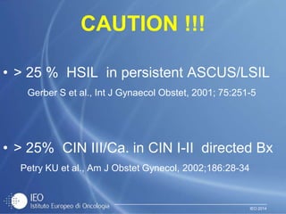 IEO 2014
CAUTION !!!
• > 25 % HSIL in persistent ASCUS/LSIL
Gerber S et al., Int J Gynaecol Obstet, 2001; 75:251-5
• > 25% CIN III/Ca. in CIN I-II directed Bx
Petry KU et al., Am J Obstet Gynecol, 2002;186:28-34
 
